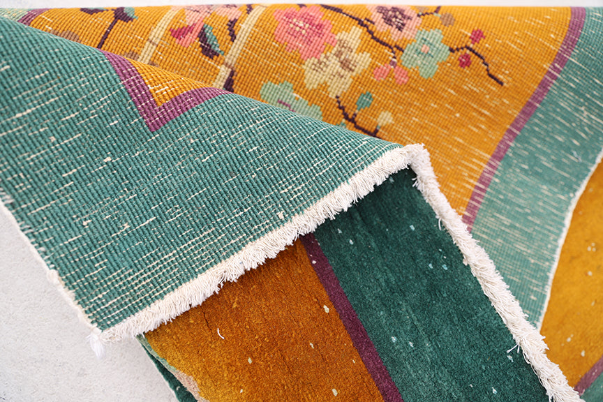 2'x4' Small Rug | Orange & Green Vintage Chinese Art Deco Rug