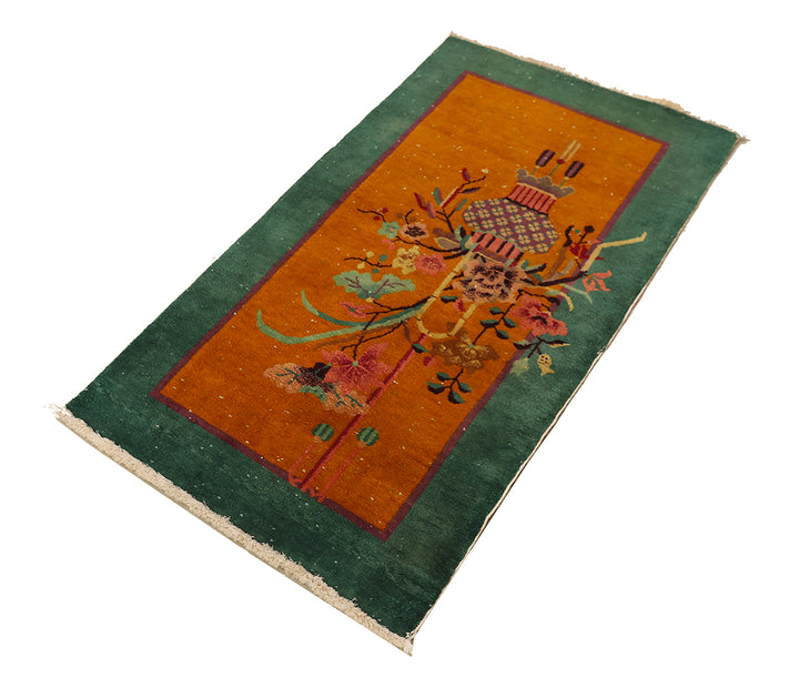 2'x4' Small Rug | Orange & Green Vintage Chinese Art Deco Rug