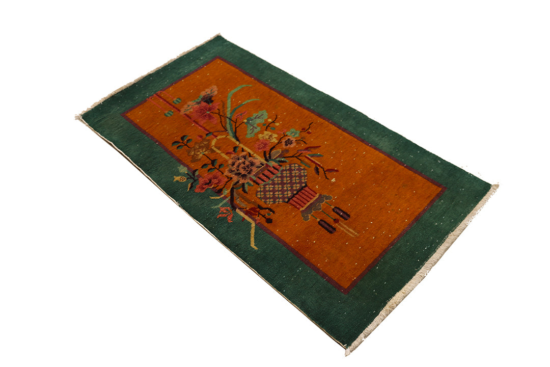 2'x4' Small Rug | Orange & Green Vintage Chinese Art Deco Rug