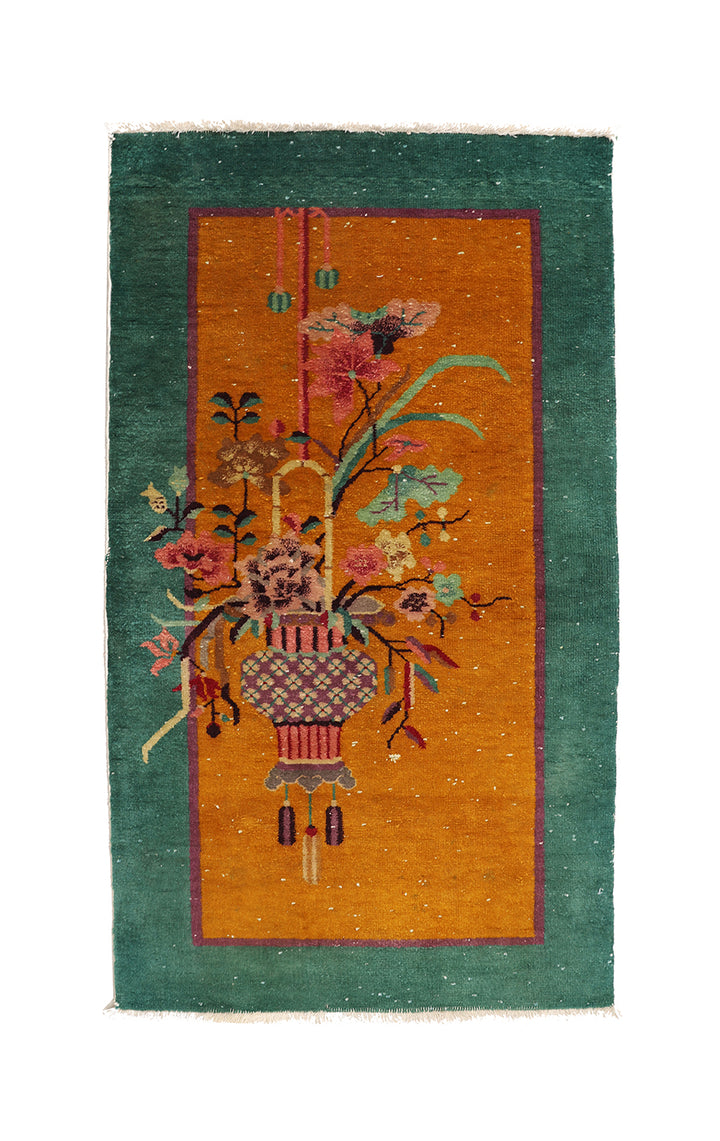 2'x4' Small Rug | Orange & Green Vintage Chinese Art Deco Rug