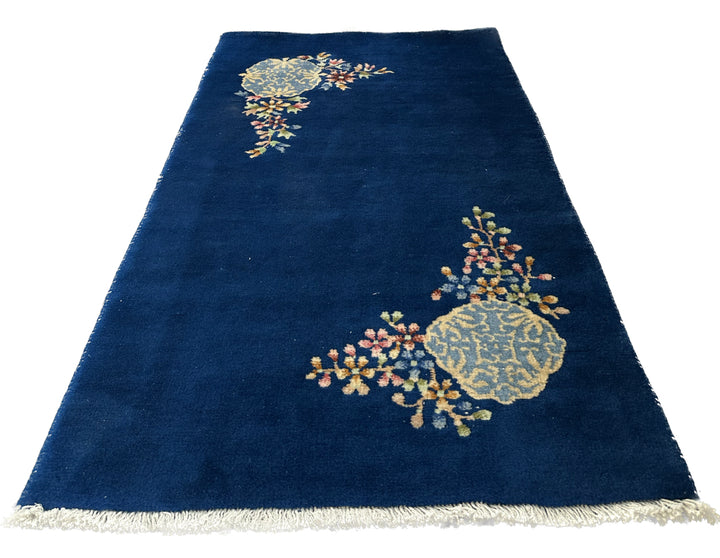 3'x4' Blue Floral Chinese Art Deco Wool Rug