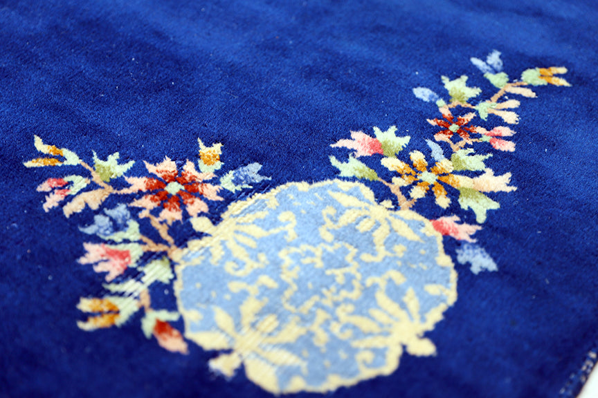 3'x4' Vintage Royal Blue Art Deco Rug | Hand-Knotted | Floral Luxury