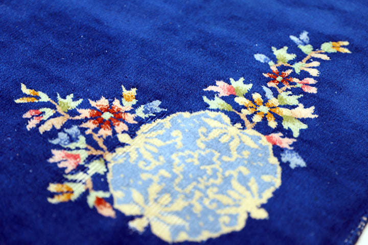 3'x4' Vintage Royal Blue Art Deco Rug | Hand-Knotted | Floral Luxury