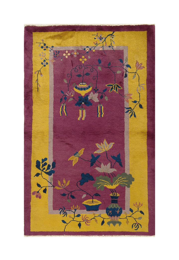 3'x5' Yellow and Purple Vintage Chinese Art Deco Rug