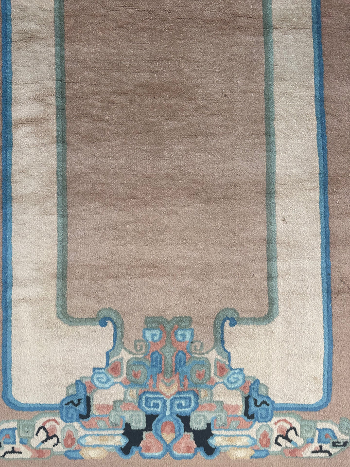 3'x5' Brown and Blue Vintage Chinese Art Deco Wool Rug