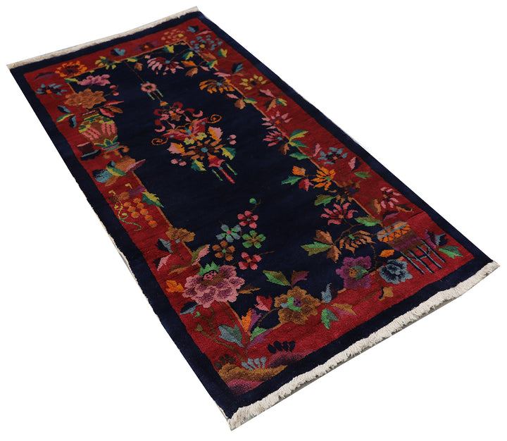 3'x5' Burgundy and Navy Floral Vintage Chinese Art Deco Rug