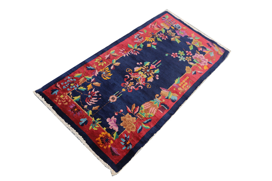 3'x5' Burgundy and Navy Floral Vintage Chinese Art Deco Rug