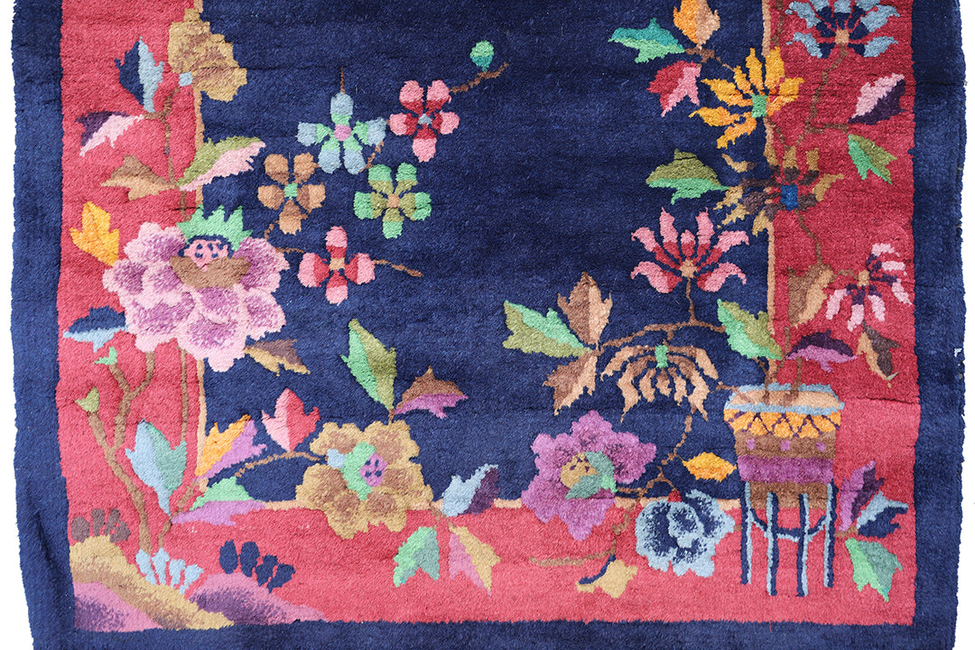 3'x5' Burgundy and Navy Floral Vintage Chinese Art Deco Rug