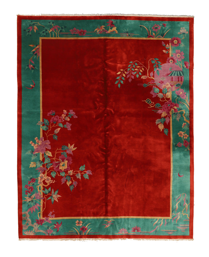 9'x12' Vintage Chinese Art Deco Rug | Red Wool Area Rug
