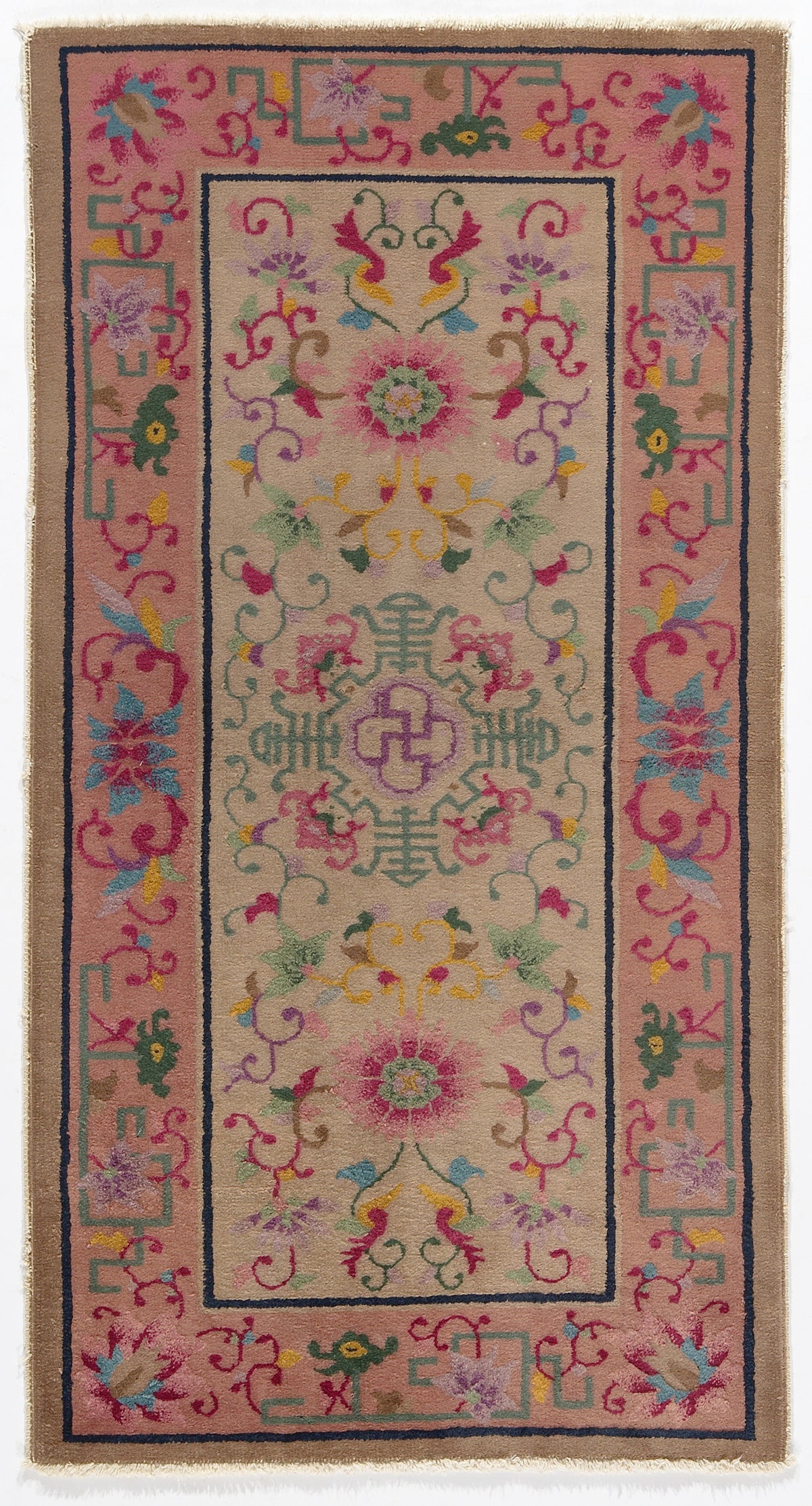 3x5 Rectangular Pink and Beige Tan Floral Vintage Hand Knotted Chinese Art Deco Wool Rug