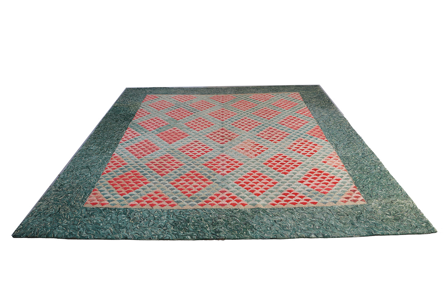 8'x10' Red and Green Fish Scale Pattern Antique American Art Deco Hooked Rug