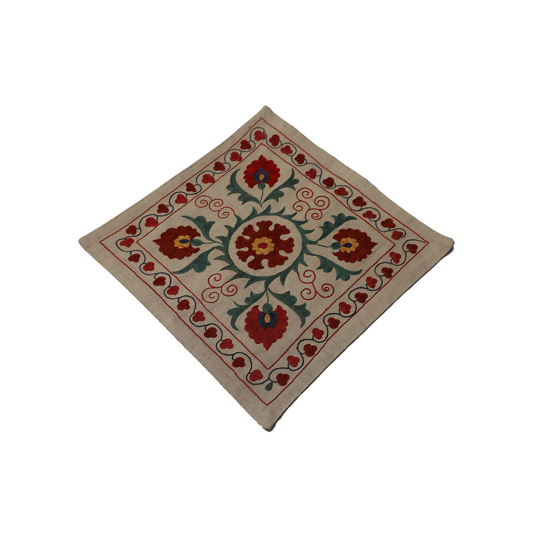 20''x20'' Ivory and Red Floral Susani Uzbek Embroidered Pillowcase