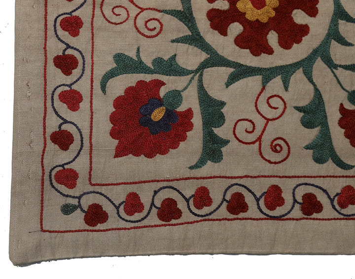 20''x20'' Ivory and Red Floral Susani Uzbek Embroidered Pillowcase