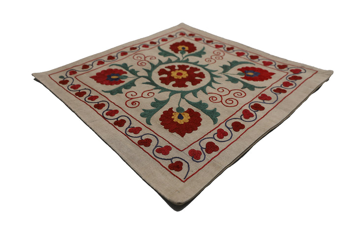 20''x20'' Ivory and Red Floral Susani Uzbek Embroidered Pillowcase