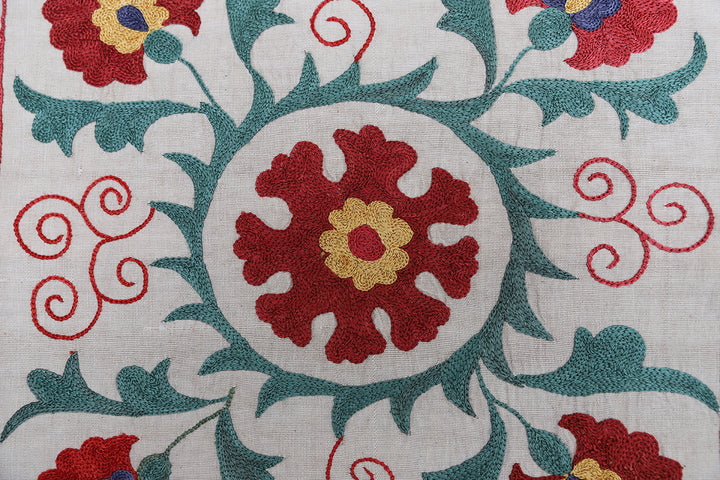 20''x20'' Ivory and Red Floral Susani Uzbek Embroidered Pillowcase