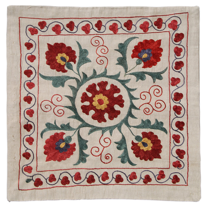 20''x20'' Ivory and Red Floral Susani Uzbek Embroidered Pillowcase