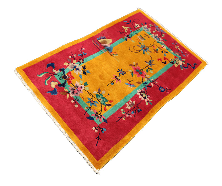 3'x5' Vintage Chinese Art Deco | Pink and Gold | Hand-knotted Wool
