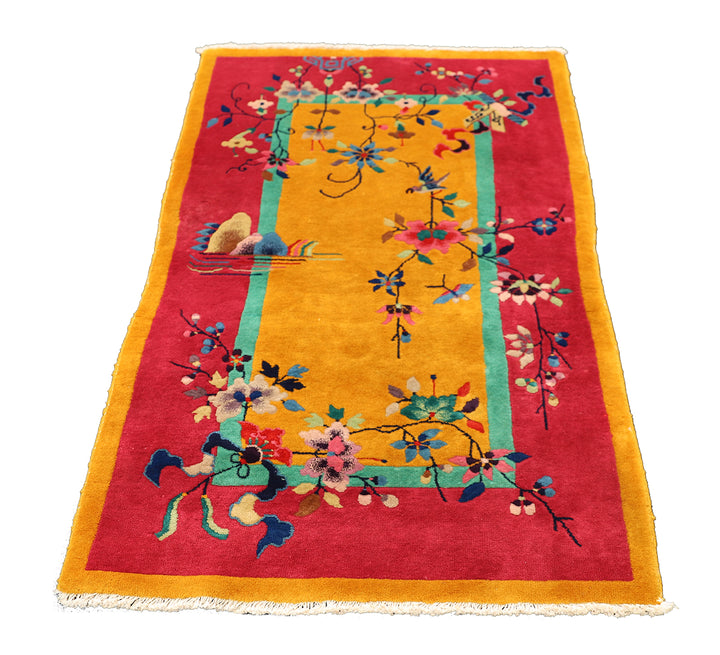 3'x5' Vintage Chinese Art Deco | Pink and Gold | Hand-knotted Wool
