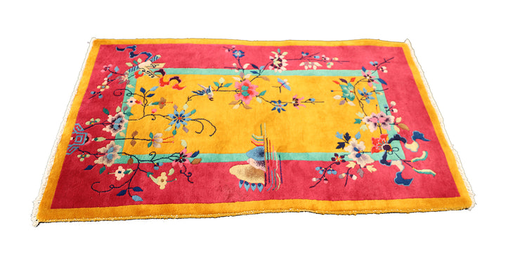 3'x5' Vintage Chinese Art Deco | Pink and Gold | Hand-knotted Wool