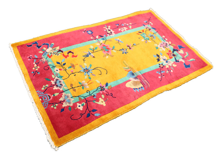 3'x5' Vintage Chinese Art Deco | Pink and Gold | Hand-knotted Wool