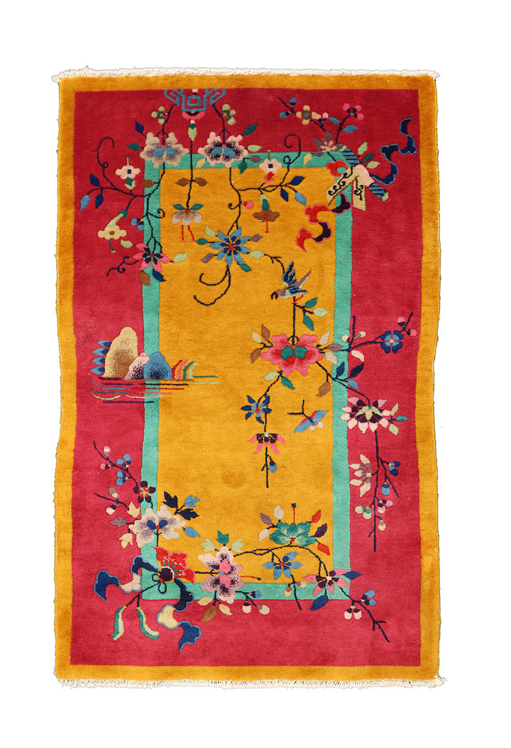 3'x5' Vintage Chinese Art Deco | Pink and Gold | Hand-knotted Wool