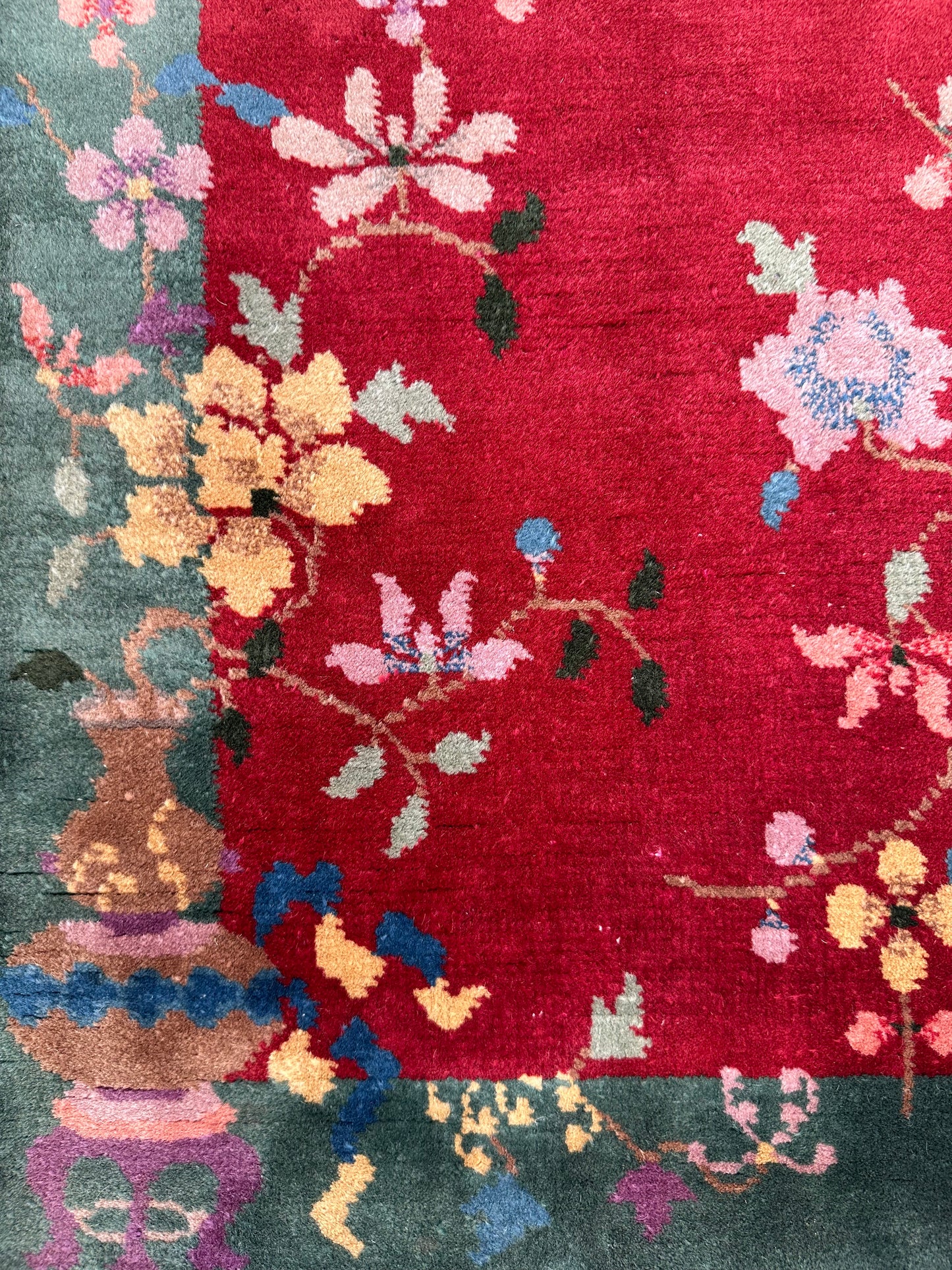 2x4 Red and Green Floral Wool Vintage Chinese Art Deco Rug
