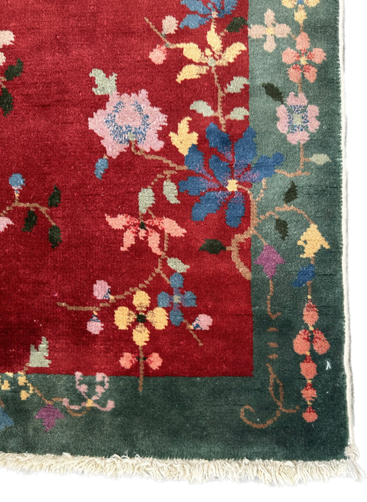 2x4 Red and Green Floral Wool Vintage Chinese Art Deco Rug