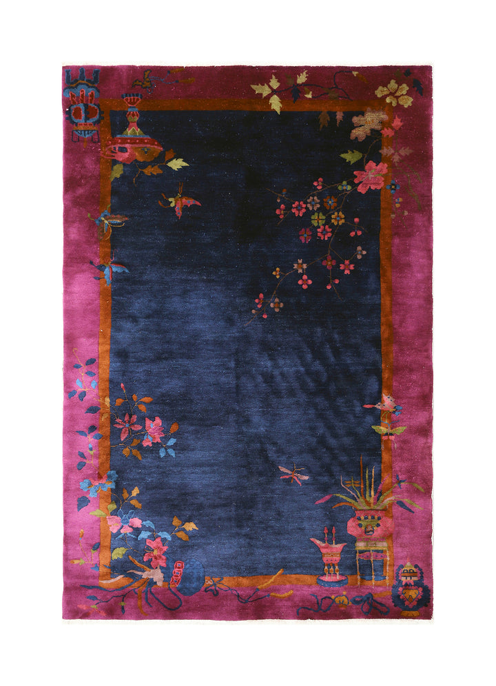 5'x8' Vintage Chinese Art Deco Rug | Navy Wool Area Rug