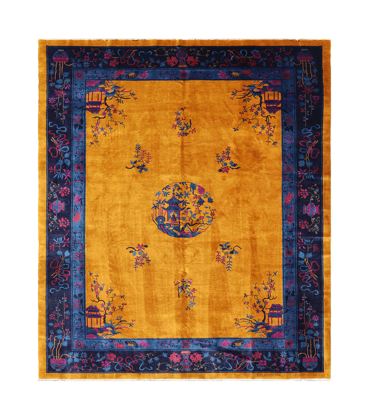 9'x11' Golden Yellow and Blue Floral Vintage Chinese Art Deco Rug