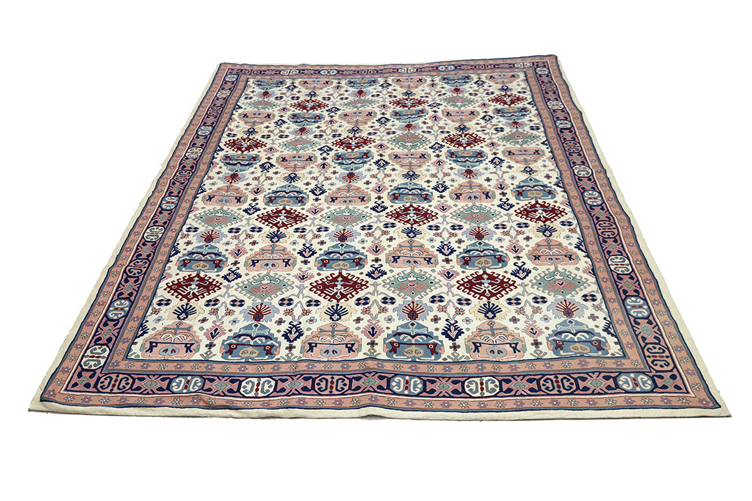 9'x12' Vintage 1980s Indian Chainstitch Rug – Geometric Pastel Caucasian Design