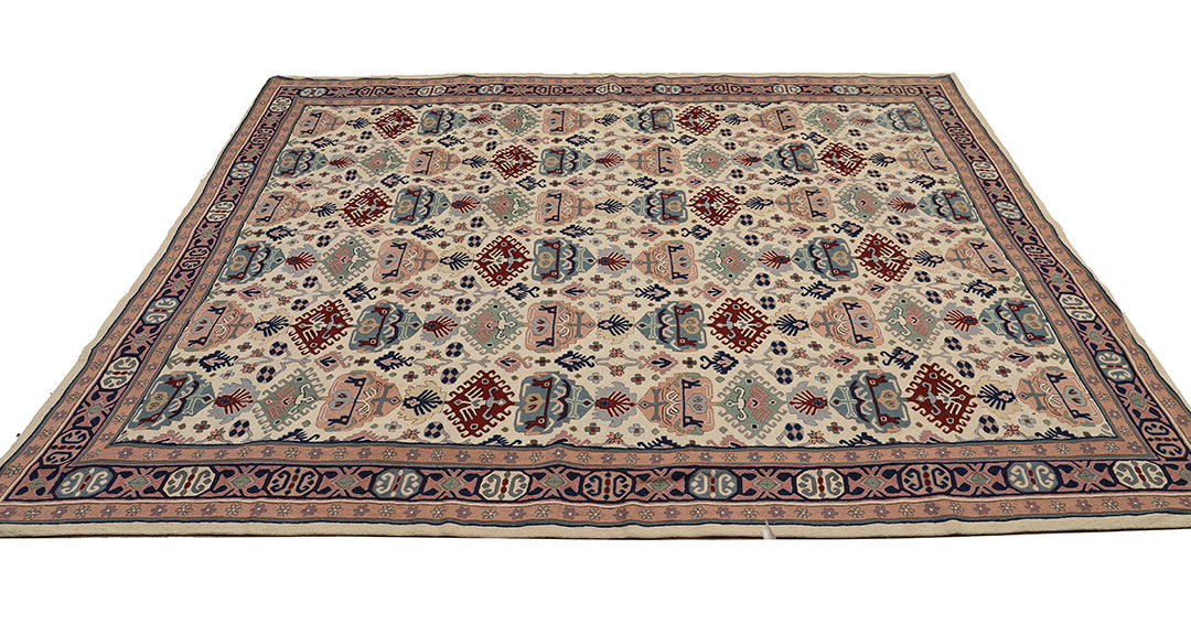 9'x12' Vintage 1980s Indian Chainstitch Rug – Geometric Pastel Caucasian Design