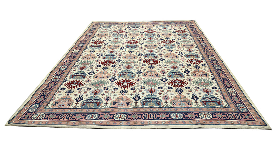 9'x12' Vintage 1980s Indian Chainstitch Rug – Geometric Pastel Caucasian Design