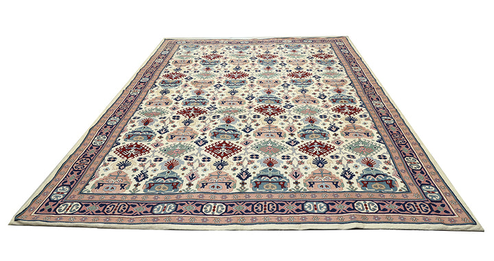 9'x12' Vintage 1980s Indian Chainstitch Rug – Geometric Pastel Caucasian Design