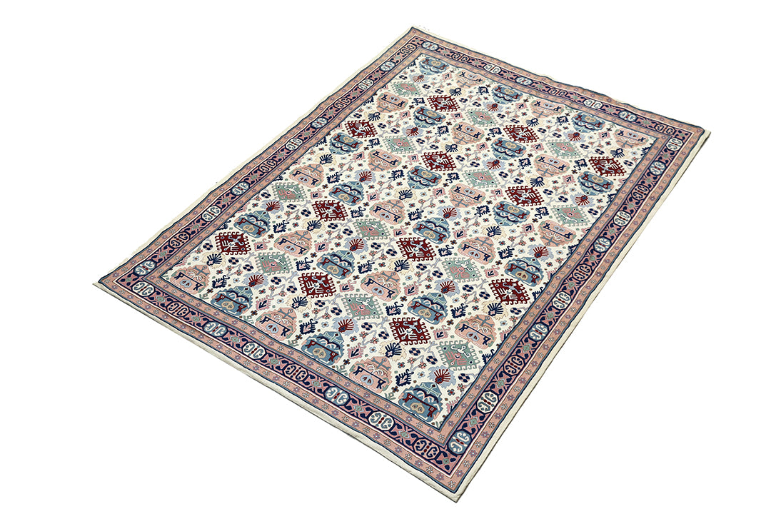 9'x12' Vintage 1980s Indian Chainstitch Rug – Geometric Pastel Caucasian Design