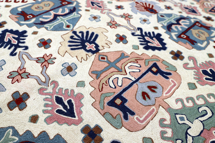 9'x12' Vintage 1980s Indian Chainstitch Rug – Geometric Pastel Caucasian Design