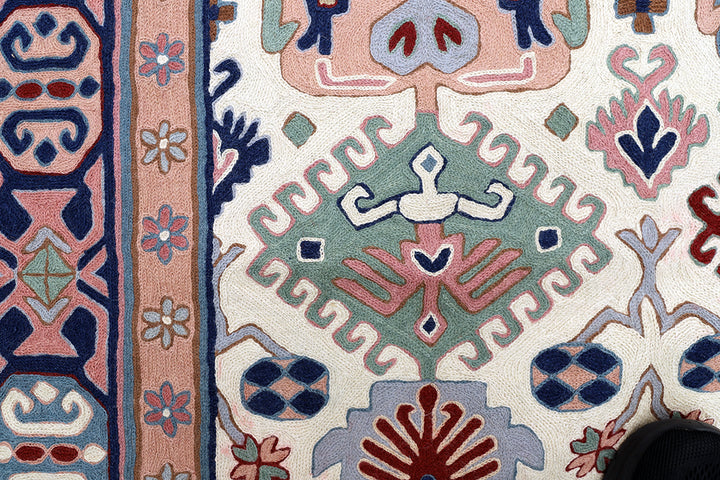 9'x12' Vintage 1980s Indian Chainstitch Rug – Geometric Pastel Caucasian Design