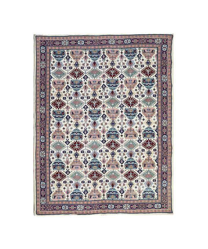 9'x12' Vintage 1980s Indian Chainstitch Rug – Geometric Pastel Caucasian Design