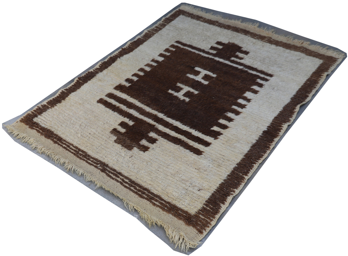 4'x5' Ivory and Brown Vintage Geometric Tribal Turkish Wool Tulu Area Rug