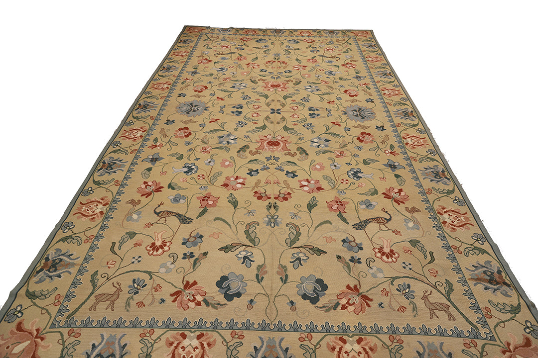 12'x22' Antique Portuguese Needlepoint Rug | Floral & Animal Patterns