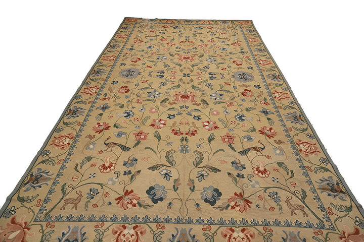 12'x22' Antique Portuguese Needlepoint Rug | Floral & Animal Patterns