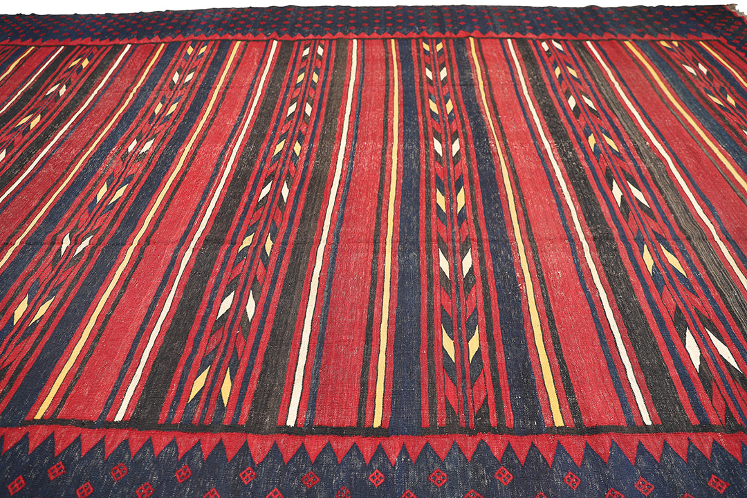 11'x15 Vintage Large Kilim Rug | Unique Linear Pattern Rug | Tribal Kilim