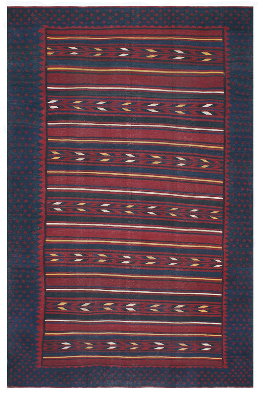 11'x15 Large Dark Rich Linear Pattern Vintage Afghan Mazar Kilim