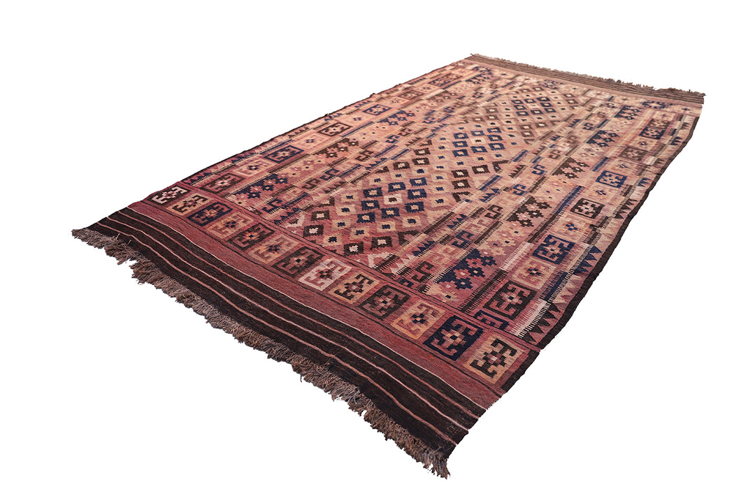 7'x13' Vintage Geometric Tribal Pattern Afghan Maimana Kilim Rug