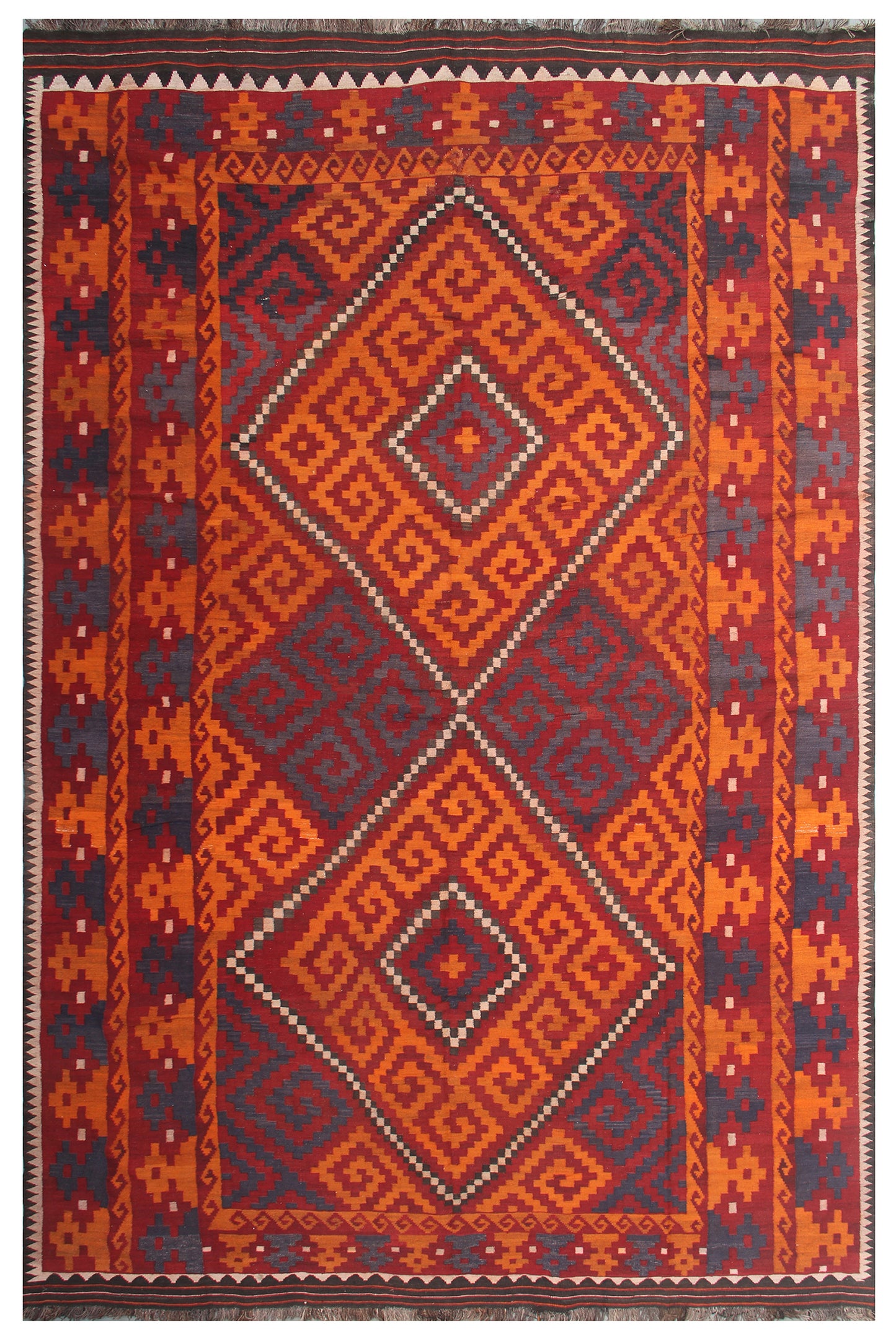 10'x16' Large Orange, Blue and Red Tribal Vintage Large Afghan Maimana Kilim