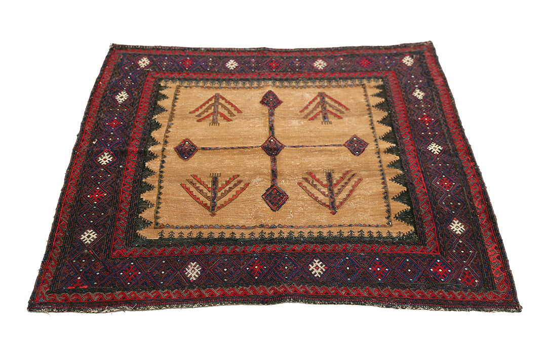 4'x4' Rare Sofreh Kilim | Collectible Tribal Flat Weave | Organic Camel Hair