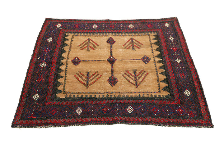 4'x4' Rare Sofreh Kilim | Collectible Tribal Flat Weave | Organic Camel Hair