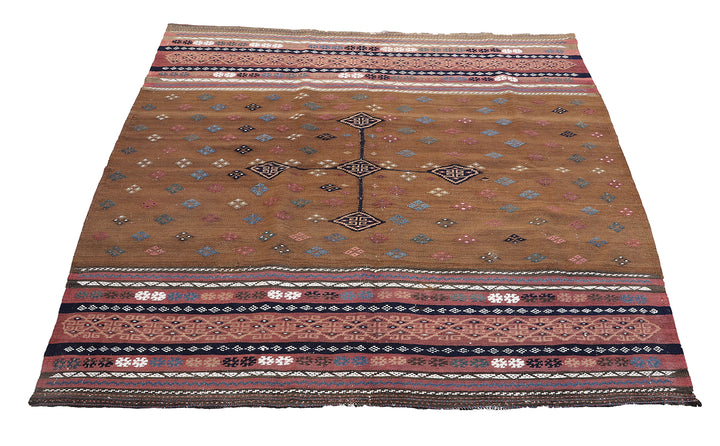 4'x4' Persian Square Rug | Tribal Flat-weave | Semi Antique | 19th C Afshar Sofreh Camel