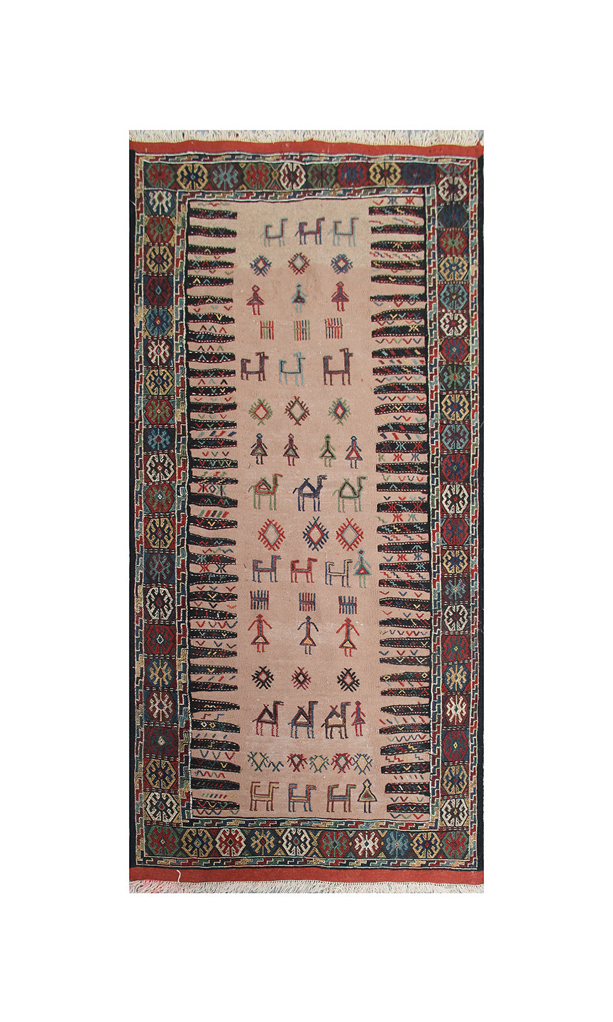 Authentic Quchan Baluch Sofreh Kilim Rug | 3'x6' Camel Wool Flatweave