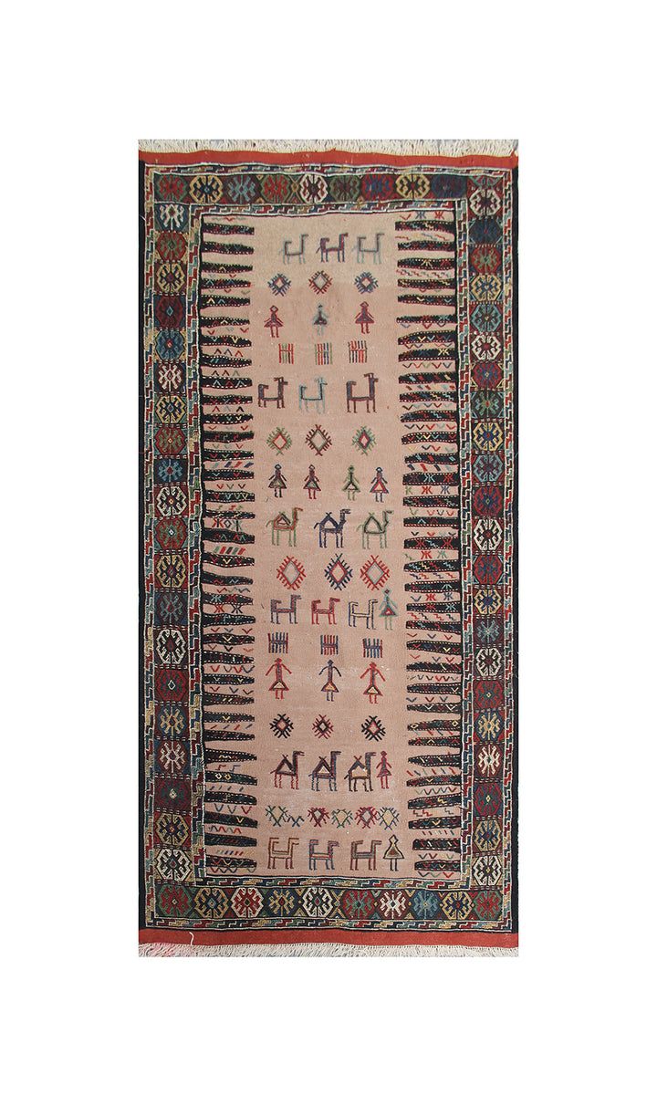 Authentic Quchan Baluch Sofreh Kilim Rug | 3'x6' Camel Wool Flatweave