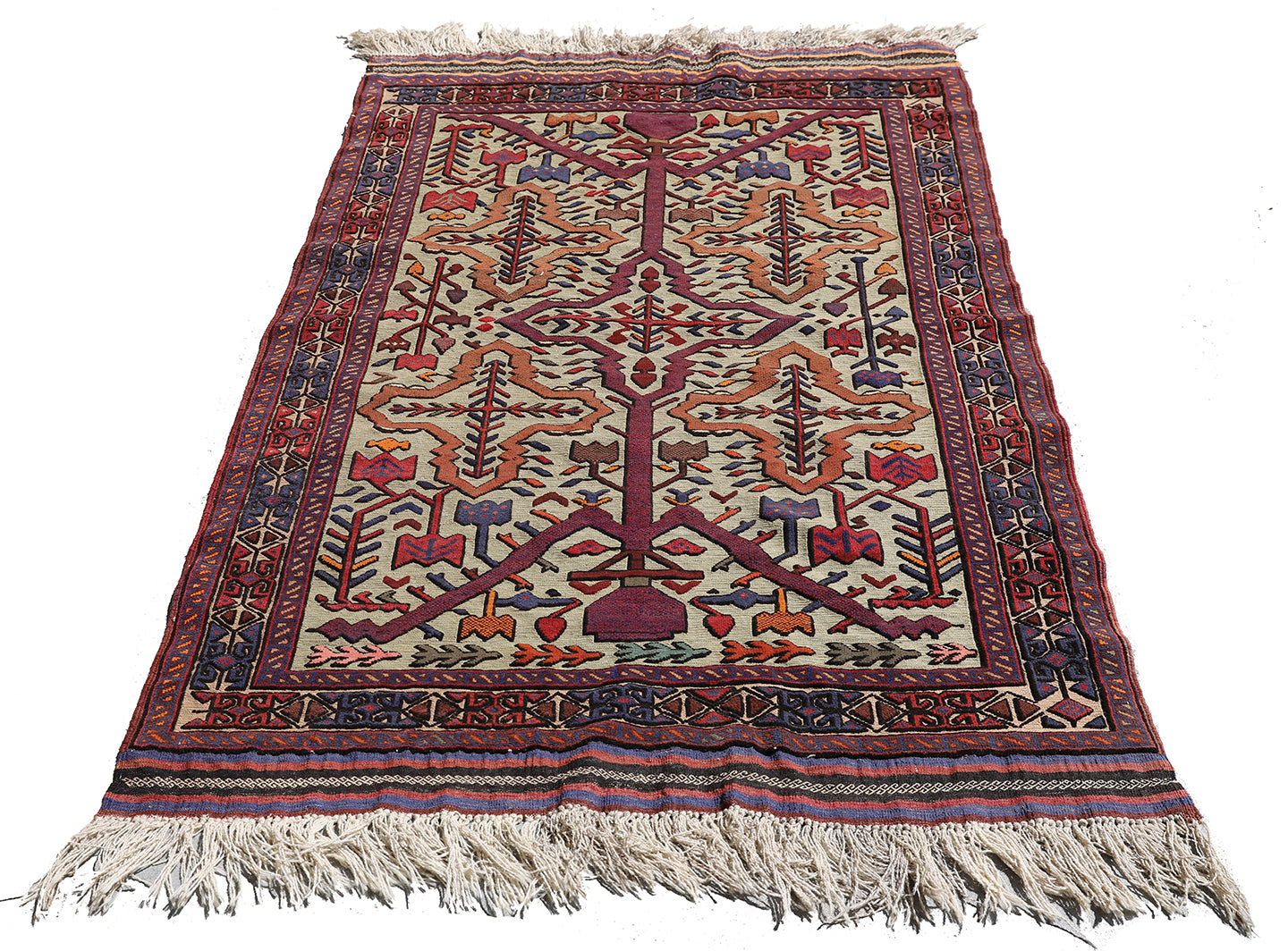 4'x5' Afghan Tribal Soumak and Knotted High Low 100% Wool Rug